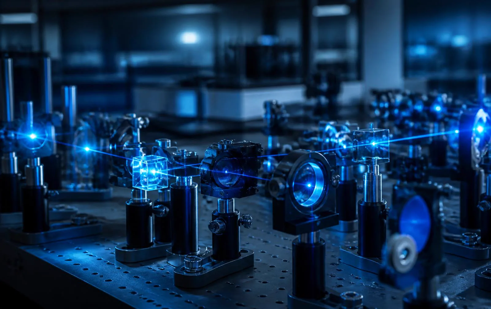 Optical research bench with precision mounts, lenses and a blue laser beam path